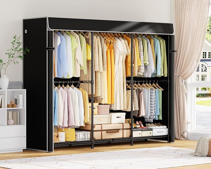 E14C Pro Heavy Duty Closet Organizer System,Freestanding Clothing Racks for Hanging Clothes,Adjustable Garment Rack 70.1"W × 16.6"D × 76.4"H Hold 960 lbs,Black Rack with Black Dustproof Cover