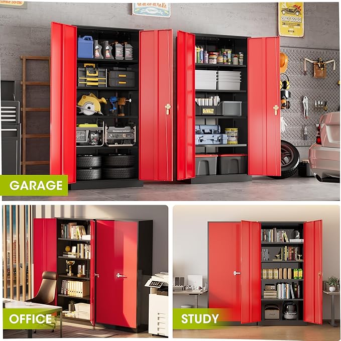 Greenvelly Metal Lockable Storage Cabinet, 72” Storage Cabinet with 2 Doors and 4 Adjustable Shelves for Office, Home, Garage, Pantry (Assembly Required, Black Red)