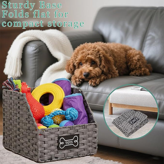 Dog Toy Storage Basket,Rattan Weave Organizer Bin for Dogs Cats,Collapsible Puppy Toys Box with Wire Frame, Easy-Access(Grey)