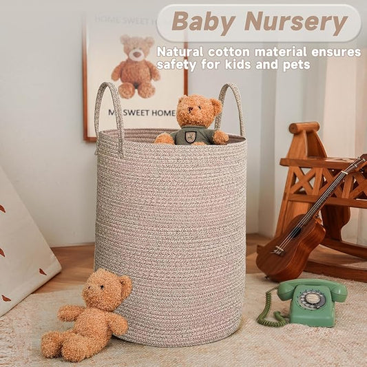 Large Woven Laundry Basket Hamper,60L Cotton Rope Storage Bin for Blankets,Toys and Clothes,Decorative Tall Nursery Hamper for Living Room,Baby Nursery,Bathroom and Bedroom,Oatmeal