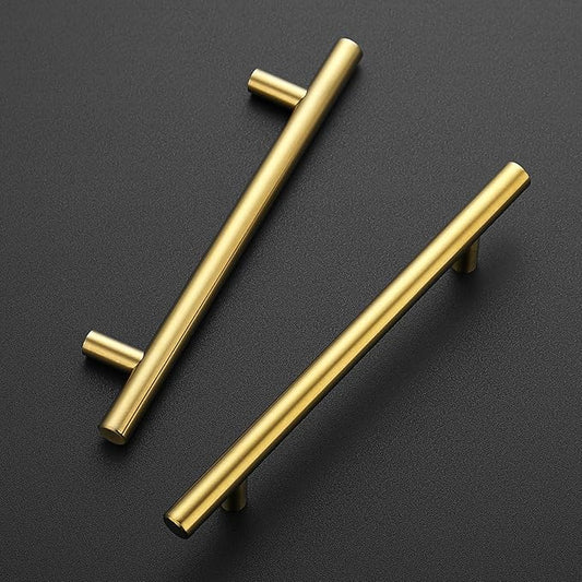 JOY DECOR 25 Pack 7-3/8 Inch Cabinet Pulls Kitchen Cabinet Handles with 5 Inch Hole Center Brushed Brass Cabinet Hardware Stainless Steel Kitchen Drawer Pulls for Cabinets Cupboard, 128mm Hole Centers