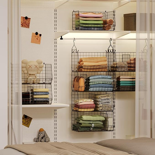 4 Tier Hanging Closet Organizer with Dividers,Extra Large Storage Hanging Shelf with 5 S Hooks 4 Dividers,Hang on Wire Closet Shelving Clothes Organizer-Black