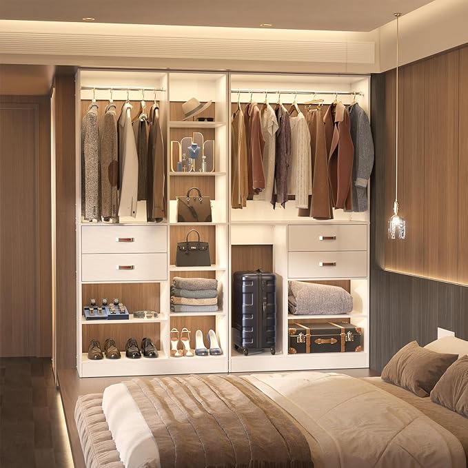Armocity Freestanding Closet System with Suitcase Storage, 40 Inches Stand-Alone Wardrobe with 2 Wood Drawers, 80'' Height Adjustable Cloth Garment Rack, Walk-in Closet with Hanging Rod, White