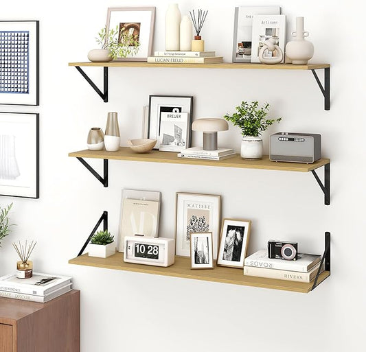 Fun Memories Deep Floating Shelves for Wall, 36W x 8D Wall Mounted Shelves Set of 2, Wide Display Ledge Shelf with Sturdy Metal Brackets for Living Room, Bathroom, Bedroom and Kitchen, Oak