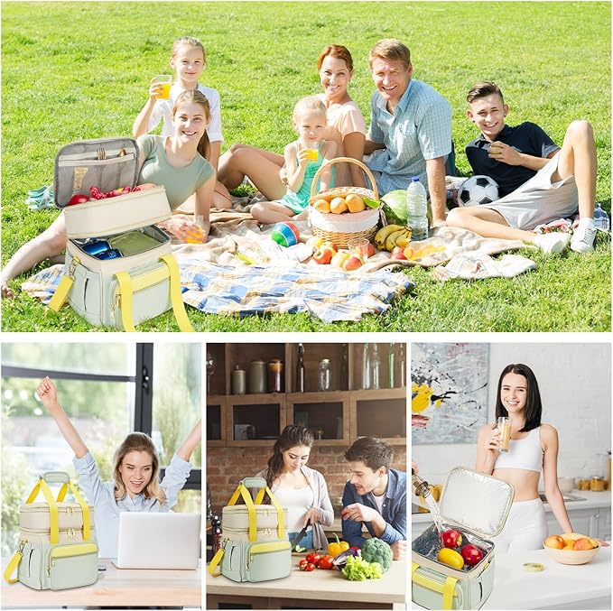 Insulated Lunch Bag & Lunch Box for Women - Double Deck Reusable Lunch Bag for men Tote Cooler Bag Leakproof Soft Expandable - Large Lunchbox for Work/Adult/Picnic/Outdoor (Green,15L)