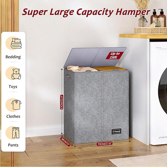 150L Laundry Hamper 2 Section, Large Laundry Hamper with Lid, Dirty Clothes Hamper with 2 Removable Inner Bags, Collapsible Laundry Basket Organizer for for Clothes Toys Towels, Hamper 2 Compartment
