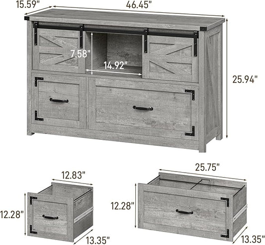 Vabches Lateral File Cabinets 2 Drawer with Sliding Barn Doors, Farmhouse Filing Cabinet with 2 Drawer for Home Office,Filing Organization Storage Cabinets for Hanging Files Letter/Legal/F4/A4