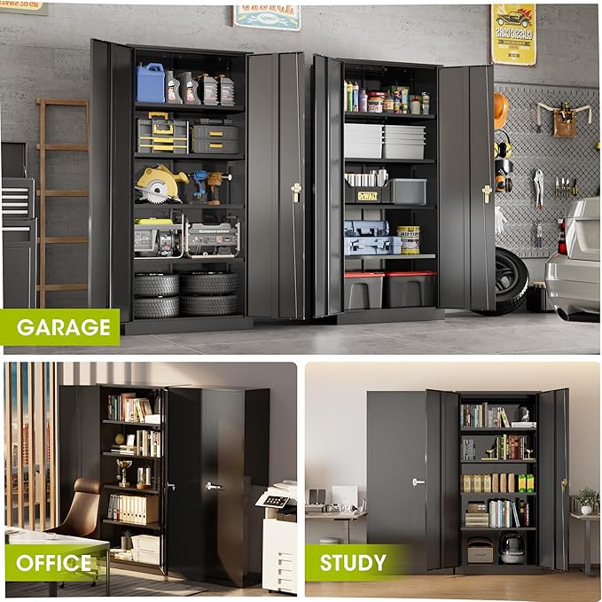 Greenvelly Metal Garage Storage Cabinet with Doors and Adjustable Shelves,72" Black Steel Lockable File Cabinet for Home Office,Garage,School(16" D x 32" W)