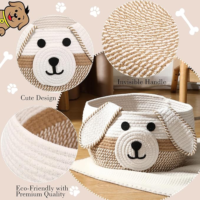 Zopeal Dog Woven Basket Cute Woven Cotton Rope Puppy Animal Storage Basket for Laundry Toy Gift(Khaki, White,13 x 8 Inch)