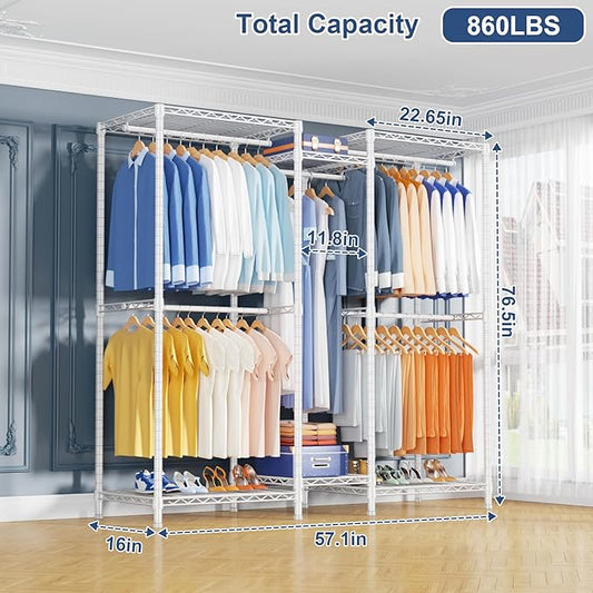 Ulif E12 Clothes Rack,Heavy Duty Freestanding Garment Rack with Shelves,Metal Clothing Closet Storage System for Hanging Clothes,57.1" W x 16" D x 76.5" H, Hold 860 lbs,White