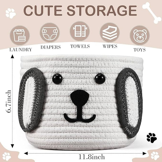 Zopeal Dog Woven Basket, 7.9" D x 6" H Cotton Rope Toy Storage Organizer, Dog Mom Gift Empty, Cute Laundry Puppy Gift Animal Basket for Clothes, Towels, Toy, Laundry, Bathroom, Home(White, Gray)