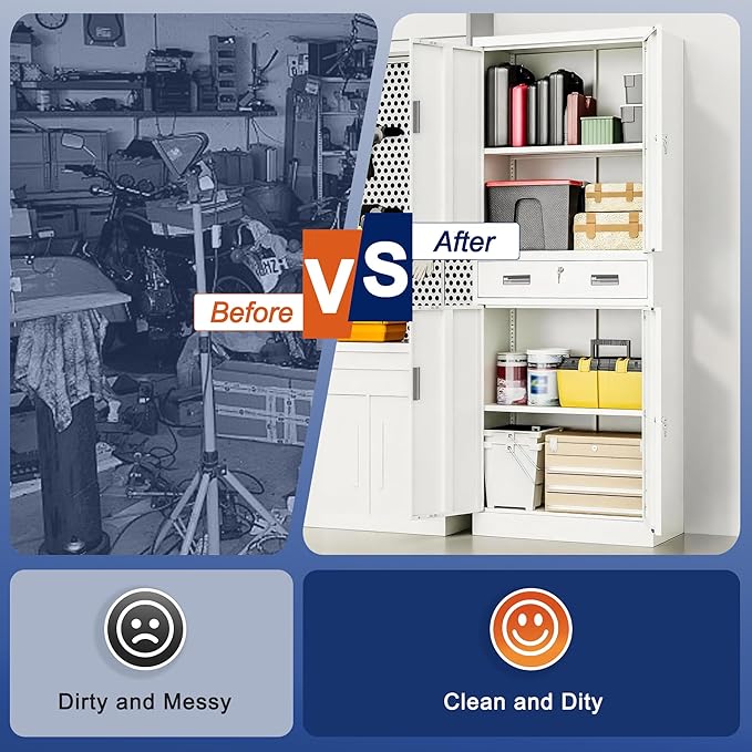 BESFUR Metal Garage Storage Cabinet with a Drawer Locking Doors and 2 Adjustable Shelves, White Tall Storage Cabinets, Tool File Lockable Cabinet for Garage Office Warehouse Shop(71”H)