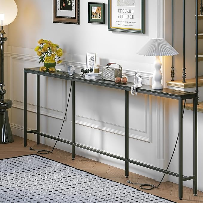 94.5" Behind Couch Table with 2 Fast Charging Stations, 7.1" Narrow Skinny Sofa Table with 4 Power Outlets, 4 USB-A, 2 USB-C for Console Entryway, Black