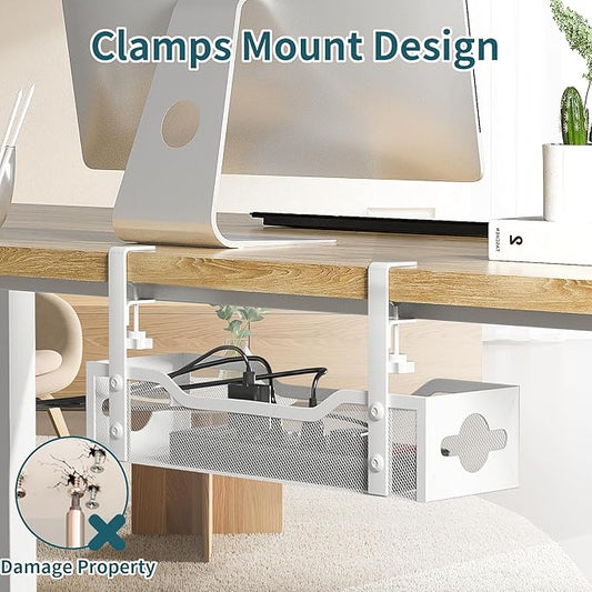 Under Desk Cable Management Tray No Drill, 13.38'' Metal Tray with Clamp for Wire Management, Litwaro Cord Organizer Home Office Damage to Standing Desk, White