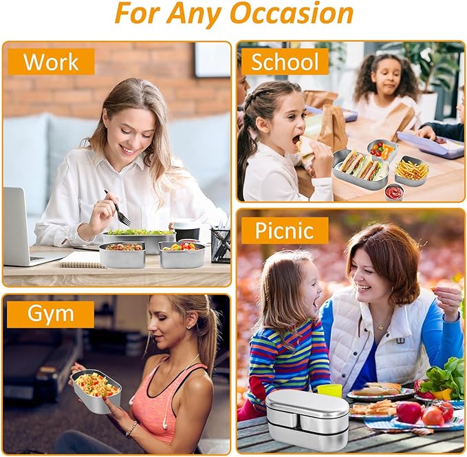 Stainless Steel Bento Box, Stackable & Leakproof Lunch Box, 3 Compartment Food Storage Containers,Microwave/Dishwasher Safe Bento Lunch Box for Work/Travel