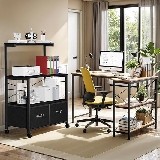 VECELO Large Printer Stand on Brakble Castors, Mobile File Cabinet with 3 Tier Shelf, 2 Drawer Lateral File-Cabinet for Filing Organization, fits Letter Size for Home Office, Black
