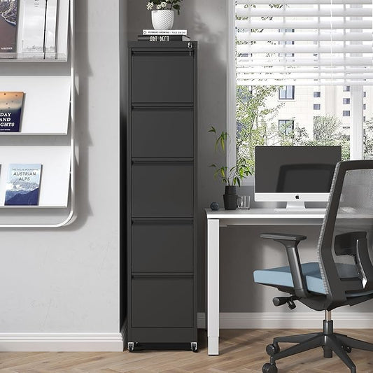 5 Drawer Mobile File Cabinet, Metal Filing Cabinet with Lock and Wheels, Home Office Rolling File Cabinets for Legal/Letter Hanging File Folders, Un-Assembled (Black)