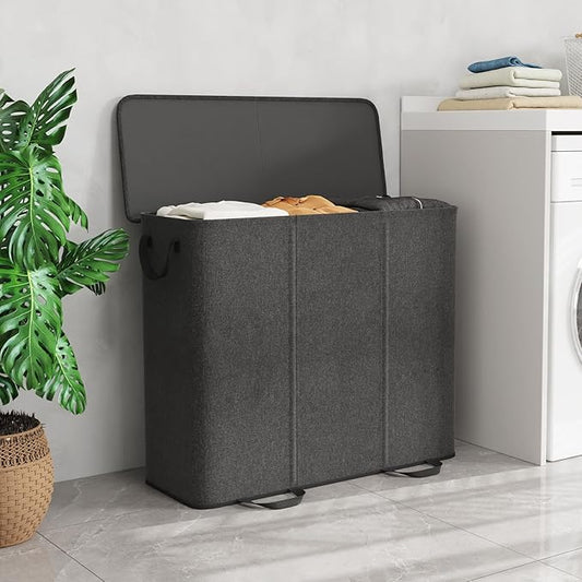 Lifewit Triple Laundry Hamper with Lid and Removable Laundry Bags, Large Collapsible 3 Dividers Dirty Clothes Basket with Handles for Bedroom Laundry Room Closet Bathroom College, 185L Black