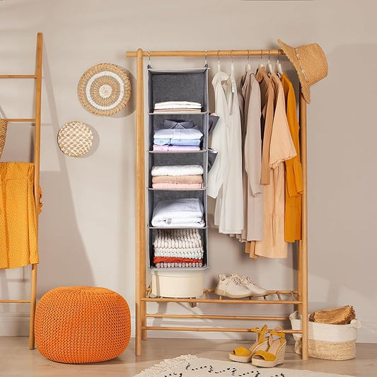 BOOMIBOO Hanging Closet Organize and Shelves,5-Hanging Shelf with 2 Side Pockets,Storage Foldable (Pink)