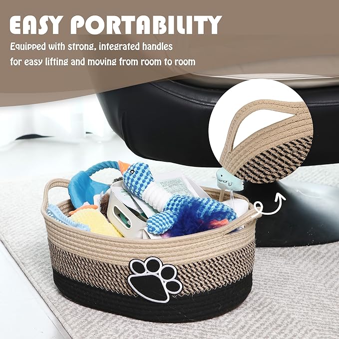 Sea Team Pet Toy Storage Basket with Handles, 16.5 x 11 x 7 Inches, 4.4 Gallons Large Cotton Rope Storage Bin, Shelf Basket, Organizer for Cat, Dog Chew Toys, Foods, Flaxen & Black Paws