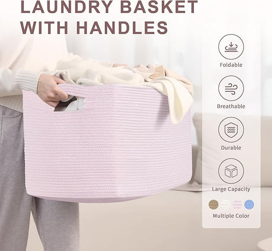 86L Large Baby Girls Laundry Basket for Nursery Storage,Cute Woven cotton Rope Baskets for Kids Toy,Gifts, Boho Square Wicker Blanket hamper for Living Room,Bedroom Dirty Clothes,Pink