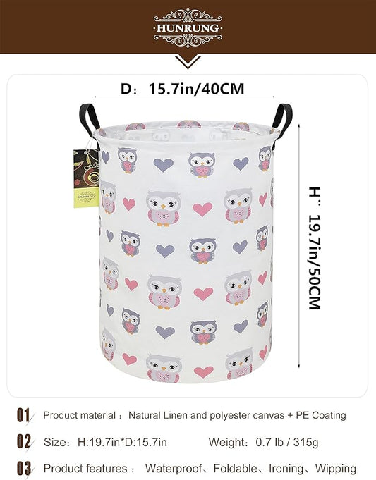 HUNRUNG Laundry Hamper,Large Canvas Fabric Lightweight Storage Basket Toy Organizer Dirty Clothes Collapsible Waterproof for College Dorms(Round-Love Owl)