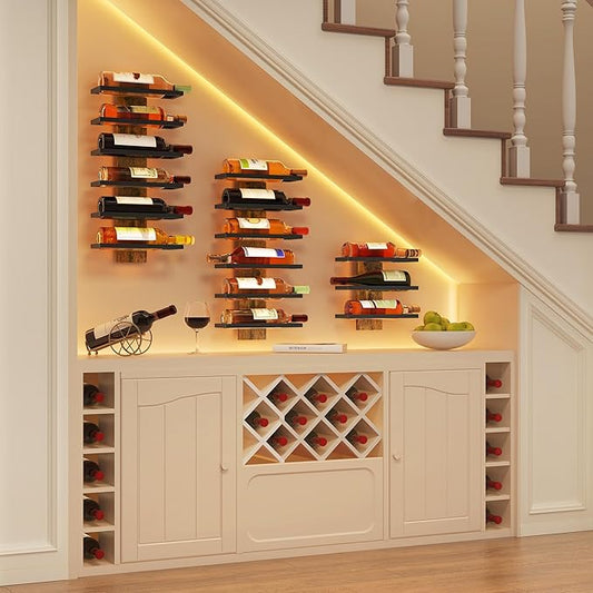Hoctieon 2-Set 6 Tier Wall Mount Wine Rack, Wall Mounted Wine Bottle Racks for Display and Storage, Hanging Bottle Holder, for Living Room, Dining Room, Bar, Wine Cellar, Rustic Brown