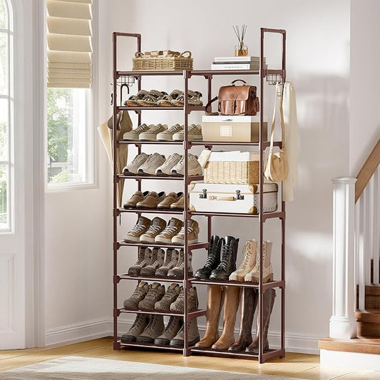 WOWLIVE 9 Tiers Large Shoe Rack Brown Shoe Rack Organizer for Closet 30-35 Pairs Stackable Heavy Duty Shoe Shelf Shoe Storage with Metal Pipes Plastic Connectors