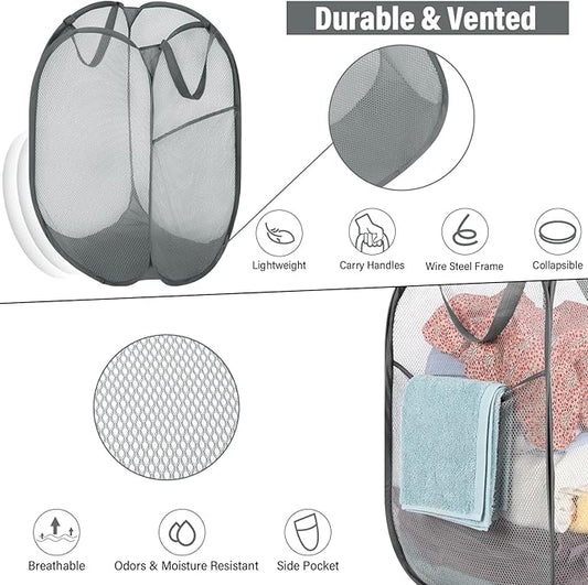 BATTOO 3 Pack Collapsible Laundry Basket Strong Mesh Pop Up Laundry Hamper for Laundry Foldable Hampers with Side Pocket Reinforced Handles for Bathroom, Kids Room, College Dorm or Travel Grey