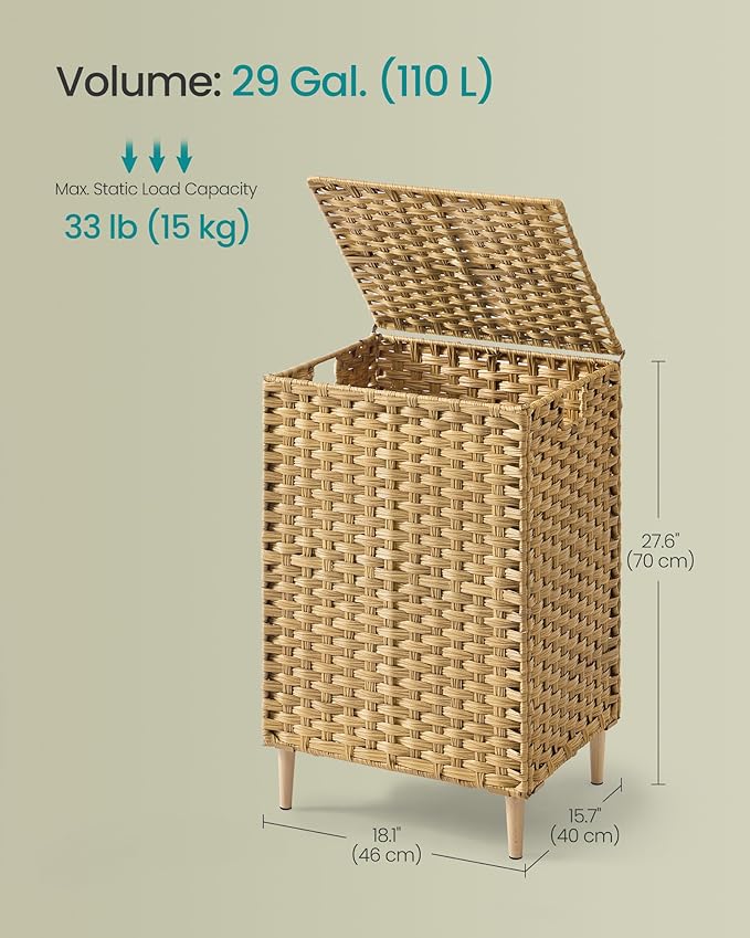 SONGMICS 2-Section Laundry Hamper with Lid, 29 Gal (110L) PE Rattan Laundry Basket with Removable Washable Liners, for Bedroom & Living Room, Goose Yellow ULCB222YE01