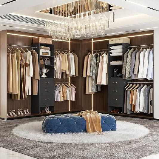 96'' Closet Organizer System with 3 Hanging Rods, 8FT Closet Organizers and Storage with 3 Wooden Drawers, Built in Closet Organizer Systems, Adjustable Walk-in Wardrobe from 5-8FT, Black