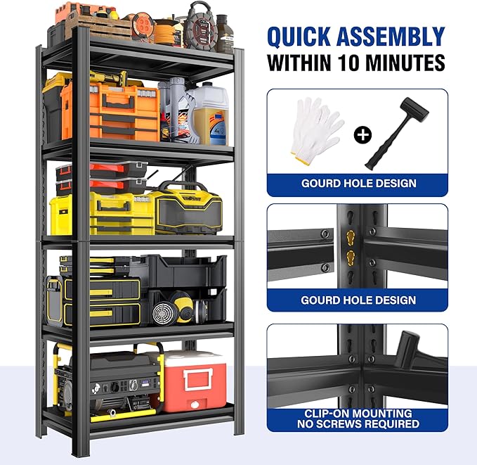 Metal Garage Shelving Unit,Adjustable Metal Rack with 5 Heavy-Duty Units, Suitable for Home Garages, Kitchens, Pantry, and Bookshelves (63" H x 23.6" W x 13.8" D)