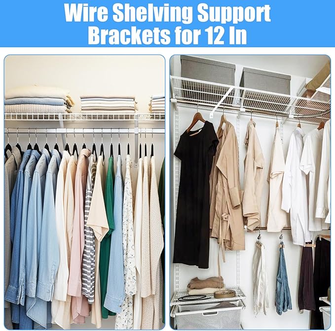 12 Inch Wire Shelf Support Brackets, 12 Pack Metal Support Brackets for Wire Shelving with Anchors and Screws, Closet Support Bracket for Wardrobe Wall Bracket Wire Shelves Racks