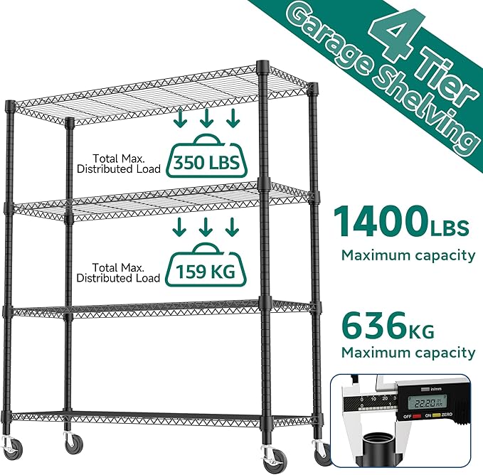 1400LBS 47.2" W 4 Tiers Storage Shelves Metal Shelving Unit with Wheels Heavy Duty Garage Shelving Adjustable Wire Shelves for Pantry,Kitchen,Garage,Basement,Black 17.7" D x 47.2" W x 62.7" H