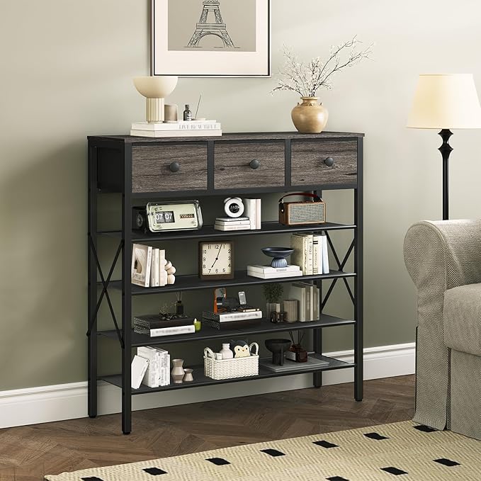 5-Tier Shoe Rack with 3 Drawers, Metal Shoe Organizer for 20 Pairs with Storage Shelves and Wooden Top, for Entryway, Hallway, Foyer, Closet, Charcoal and Black SS35BC