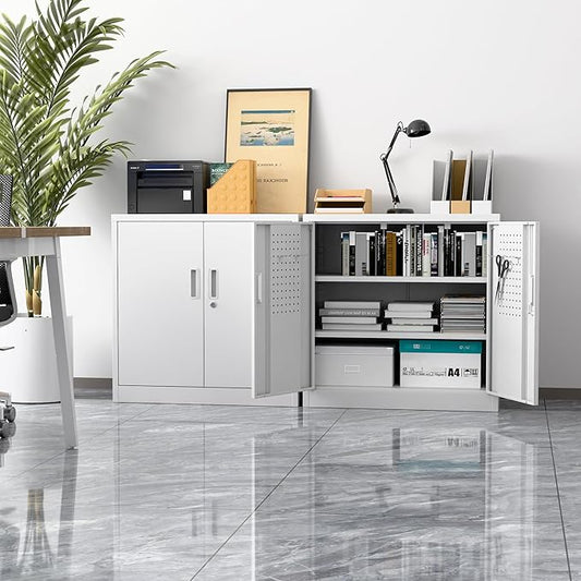Metal Garage Storage Cabinet with Lock and Pegboard, Steel File Cabinets with 2 Lockable Doors and 2 Adjustable Shelves for Home, School, Office, Garage, Assembly Required, White