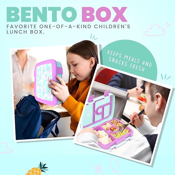 YOLAY Bento Box for Kids Lunch Box Leak-Proof, 5-Compartment Lunch Box Kids for Ages 3-10, Durable with Anti-Slip Base, Suitable for Schools, Outdoor and Travel (Mermaid) (Scallop)