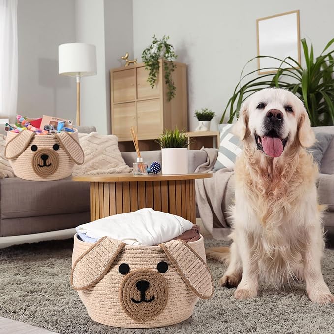 Zopeal Dog Woven Basket Cute Woven Cotton Rope Puppy Animal Storage Basket for Laundry Toy Gift(Khaki,13 x 8 Inch)