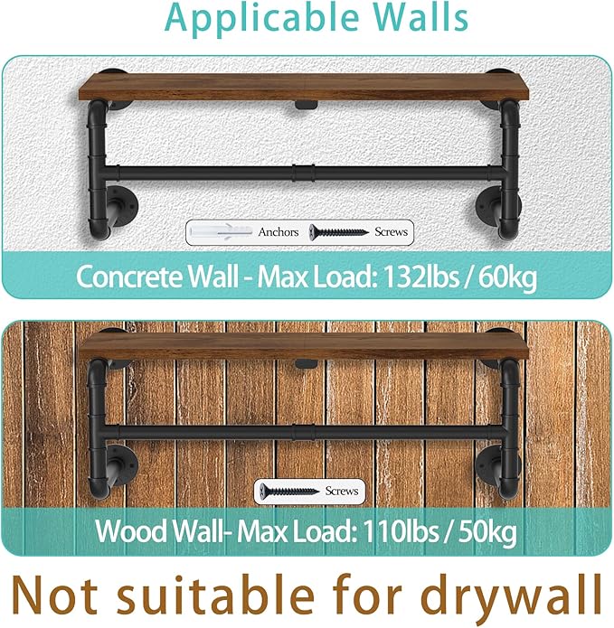 Yawinhe Industrial Pipe Clothes Rack with Top Shelf, Wall Mounted, Space Saving Hanger with 4 Bases, for Shops, Homes, 27.5''Lx10.2''Wx10.2''H, Rustic Brown, 1-Pack