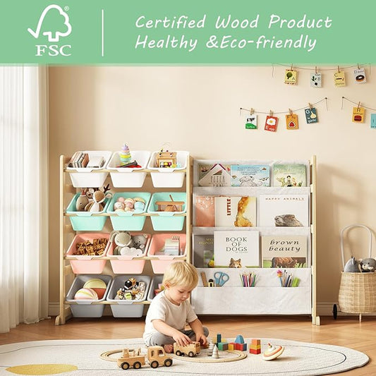 Toy Storage Organizer with Bookshelf - 12 Storage Bins 4-Tier Multipurpose Shelf to Organize Toys and Books for Kids Room, Playroom, Nursery Room, Multi-Color