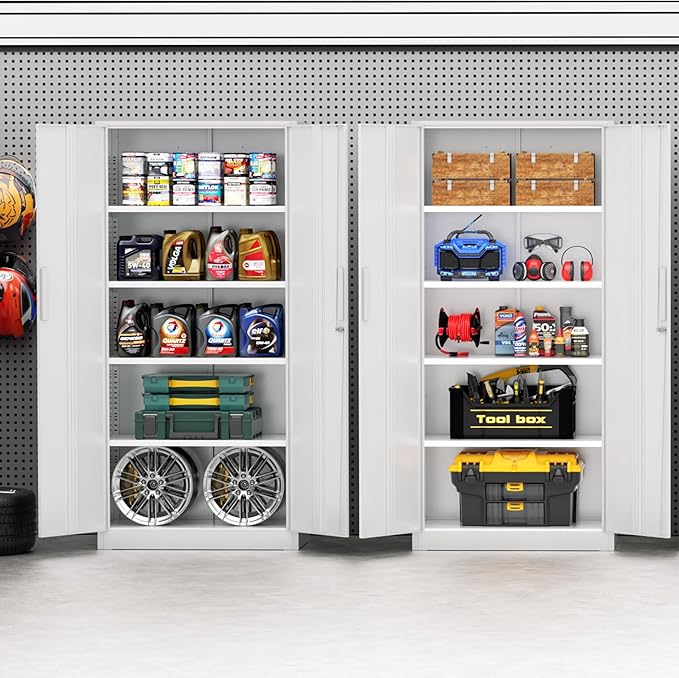 72”Metal Storage Cabinet, Lockable File Cabinets with 2 Doors and 4 Adjustable Shelves, Steel Tool Cabinets with Lock for Office, Home, Gym(White)