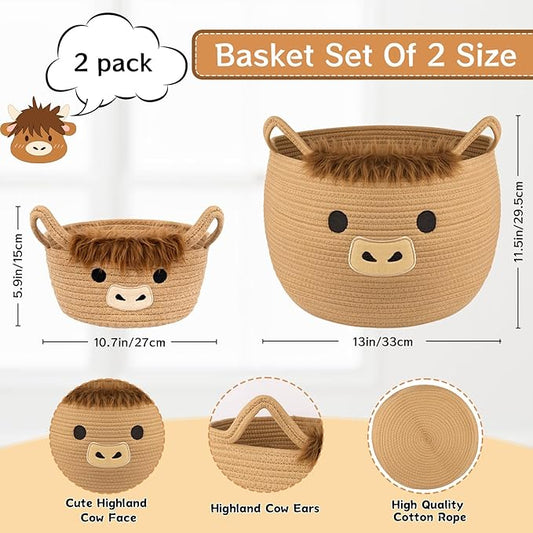 Highland Cute Cow Basket Set for Nursery, Woven Storage Cotton Rope Basket, Baby Blanket 0rganizer with Ears Handles, Blanket Towel Decor Toy Clothes Gifts Storage Cat Dog Bin, Pack of 2