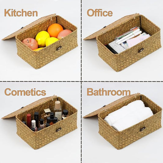 Wicker Basket with Lid, Natural Seagrass Storage Baskets for Organizing, Woven Basket for Storage, Decorative Boxes Bins with Lids Home Organizer Decor (Natural, Small)