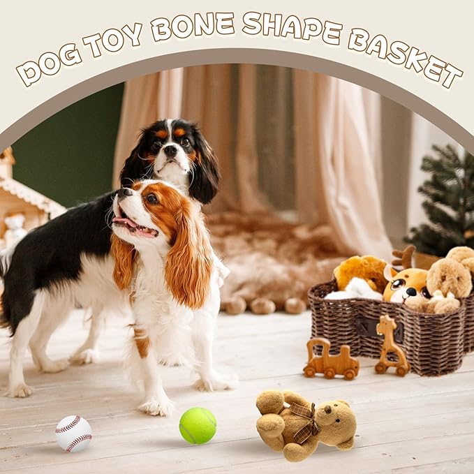 Barydat 2 Set Large Small Dog Toy Basket with Lid Bone Shaped Basket for Dog Natural Wicker Woven Handmade Pet Puppy Toy Organizer and Storage Box Bin for Cats Brown