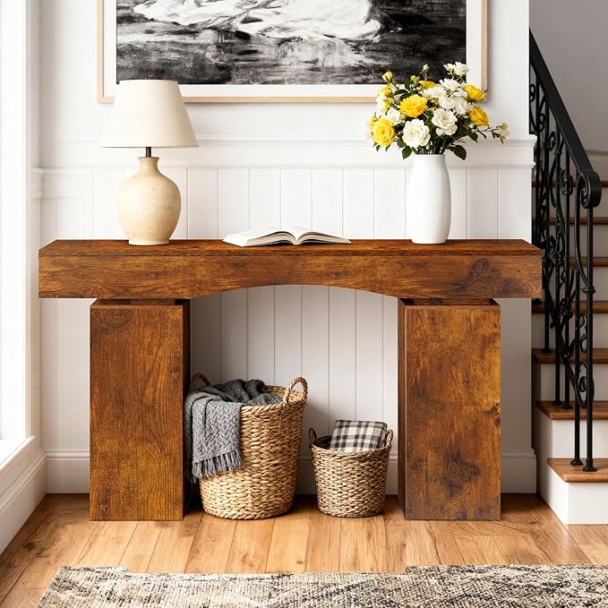 63 Inch Long Entryway Table Bold, Wooden Console Table with Socket Farmhouse Sofa Table for Entrance, Hallway, Living Room, Behind Couch(Rustic Brown)