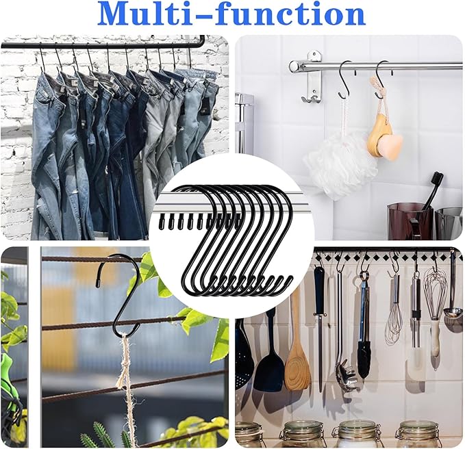6 Pack Large S Hooks, Rubber Coated, Heavy Duty Non Slip, Black Vinyl Coated Closet S Hooks for Hanging Plants, Jeans, Pot, Pan, Garden, Bird Feeders