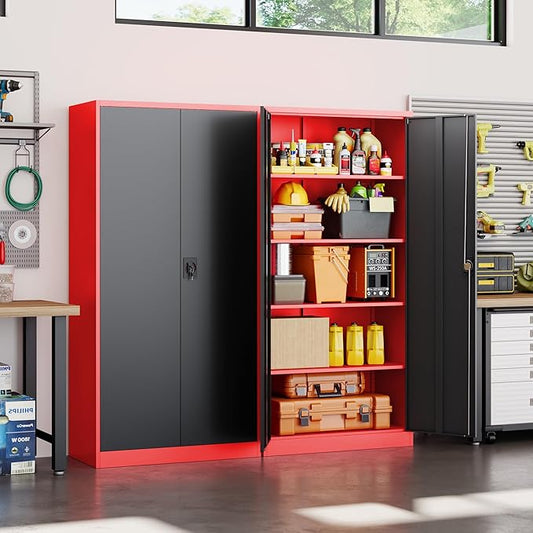 Yizosh Metal Garage Storage Cabinet with Lock Doors and 4 Shelves,-72" Steel Heavy Duty Tool Cabinet for Garage, Office,School (Red Black)