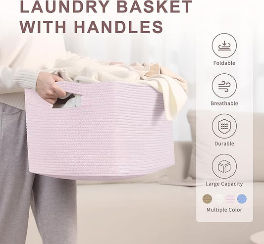 60L Small Baby Girls Laundry Basket for Nursery Storage,Cute Woven cotton Rope Baskets for Kids Toy,Gifts, Boho Square Wicker Blanket hamper for Living Room,Bedroom Dirty Clothes,Pink