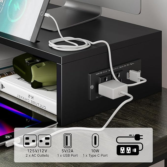 Elephance Dual Monitor Stand with USB Ports,Wood Computer Monitor Stand with Drawer,Adjustable Monitor Stand Riser,Desk Organizer for PC,Computer,Laptop,Black