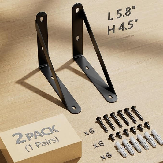 6x4.5 Shelf Brackets 2-Pack, Shelf Support Shelf Holder Steel Wall Mount Heavy Duty Small L Shape Triangle 90 Degree Metal Black with Screws Anchors Soporte de Estante